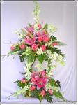 This bouquet is a great gift for any occasion. The colorful arrangement features white orchids, pink lilies & roses and more. Approximately 70cmH.
