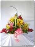 Mixed orchids accented with pink lilies and are artfully arranged with other greens in a handle basket. Finished touch with a pink bow in a impressive display.