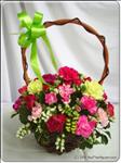 Mixed carnations arrive in a handle basket accented with green filler flowers for contrast. To finish with a green bow. A cheerful gift for a get well wish.